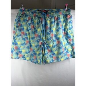 Party Sharks Mens XL Swim Trunks Board Shorts Teal Palm Tree Tropical Retro Mesh